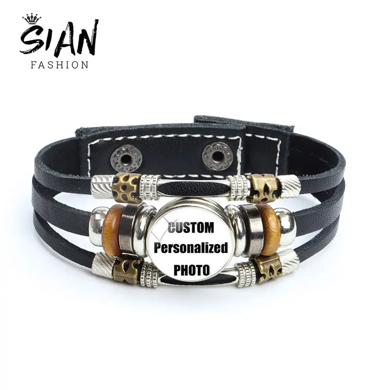 

10pcs Personalized Custom DIY Photo Leather 18MM Bracelet Photo Of Your Logo Baby Mom Dad Grandparent Friend Lover Wristband