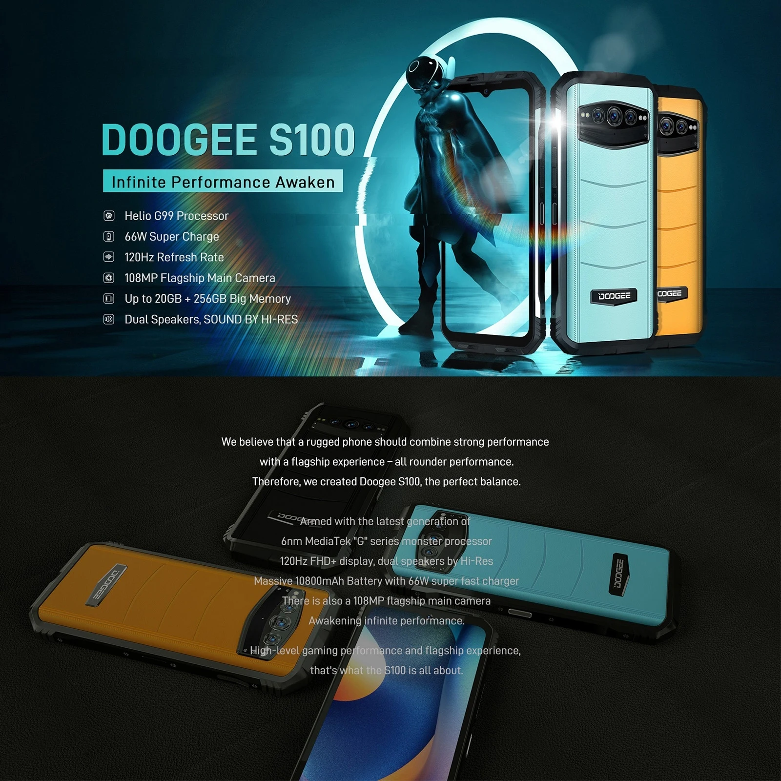DOOGEE® S100 Helio G99 Dual speakers 10800mAh 20GB+256GB Rugged Phone, Doogee