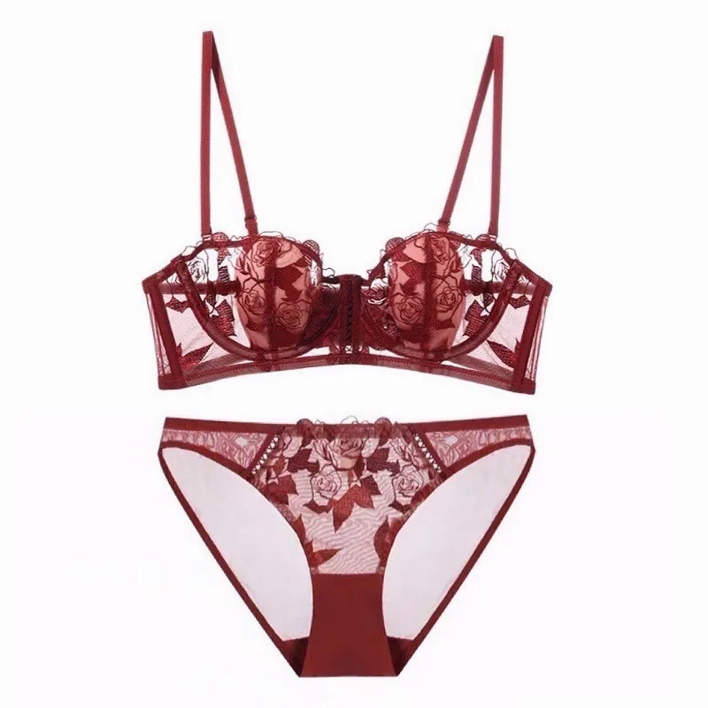 

French Sexy Lingerie Set with Thin Rabbit Ear Cup Women Flower Embroidered Lace Underwear Bra Brief Set Sexy Solid Bra Everyday