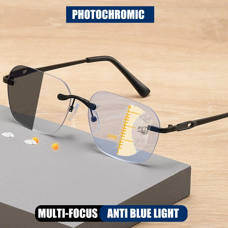 

HUYING Rimless Cutting Progressive Multifocal Photochromic Reading Glasses Men Anti-Blue Ray Business Eyewear Spectacles