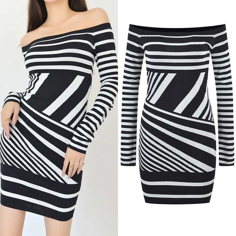 

New Arrivals White Black Striped Dresses for Women 2022 Autumn Winter Vintage Elegant Long Sleeve Knitted Mini Dress Femme