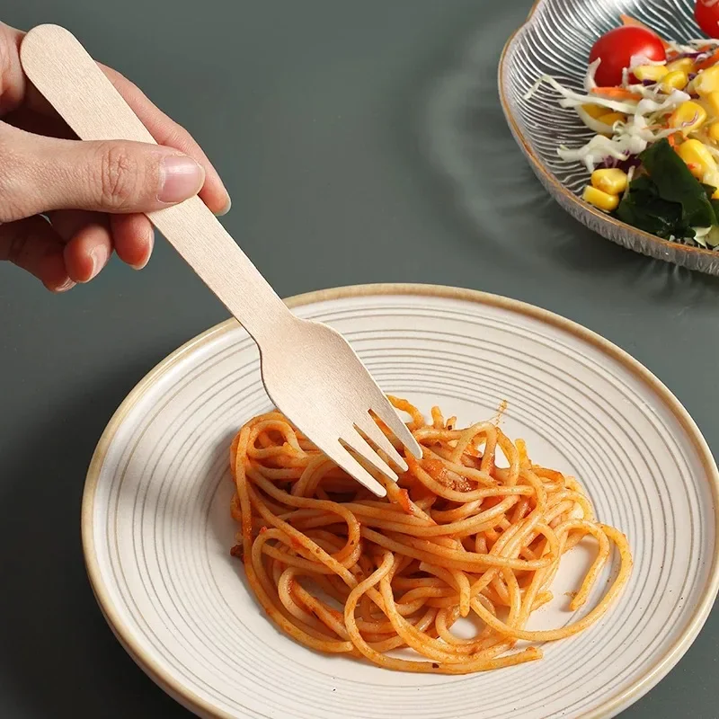 Disposable Wooden Spoon Set Wooden Knife Fork Cake Dessert Spoon Fruit Fork Ice Cream Biodegradable Commercial Tableware