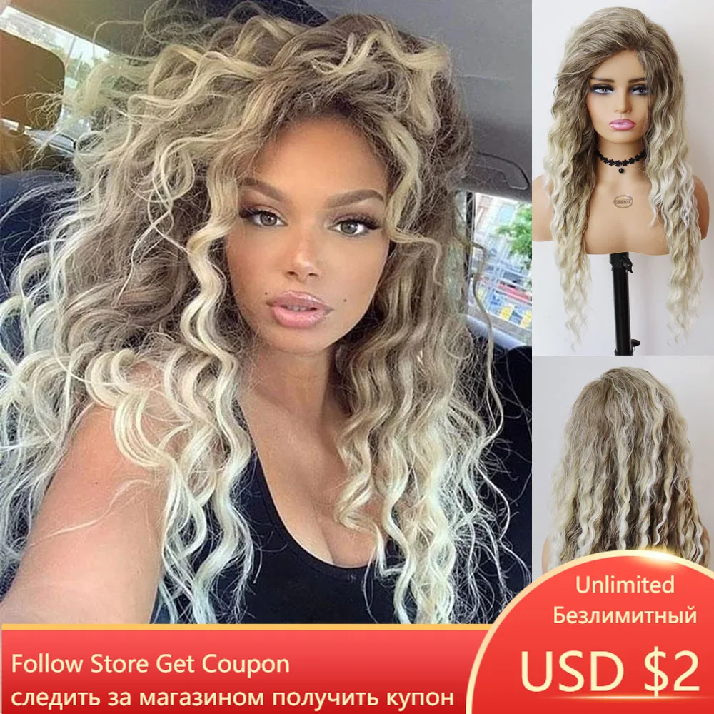 Ombre Long Curly Wig Synthetic Human Hair Wavy Wigs for Women Natural Looking Cosplay Costume Wig Ship from US, Brown 