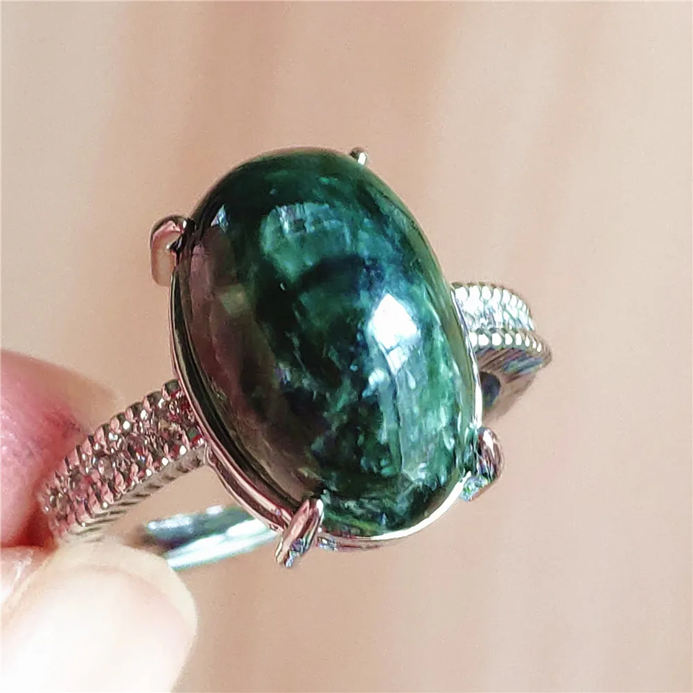 silver rings Natural Green Seraphinite Adjustable Size Ring Women Men Seraphinite Ring Clinochlore Oval Gemstone 925 Sterling Silver AAAAAA gucci ring