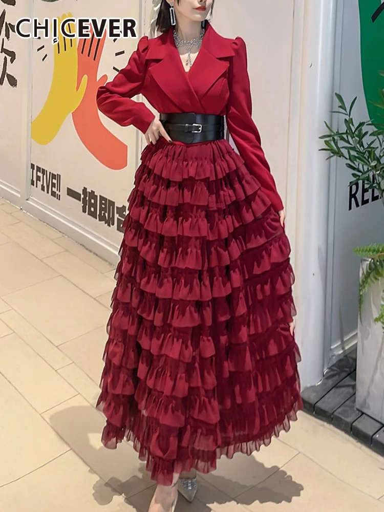 

CHICEVER Elegant Patchwork Folds Dresses For Women Notched Collar Long Sleeve High Waist Spliced Belt Colorblock Dress Female