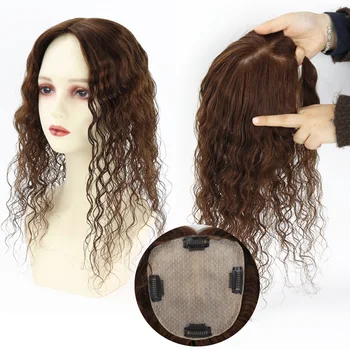 Toupet per donna in capelli umani vergini ricci castano medio, base in seta 12x13cm con clip, effetto cuoio capelluto vero
