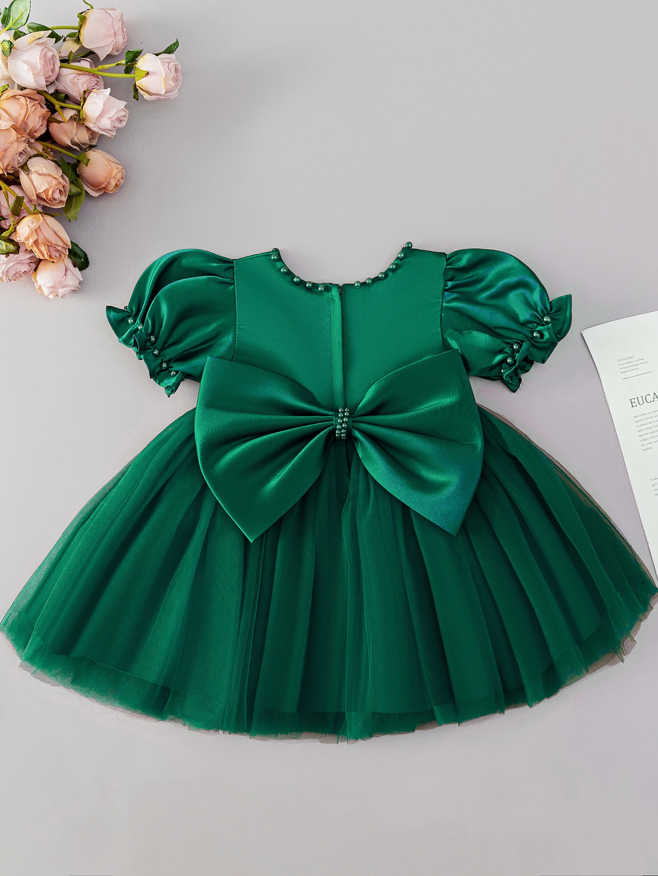 Baby Girl's Dark Green Bow Dress with Veil - Birthday & Party Wear