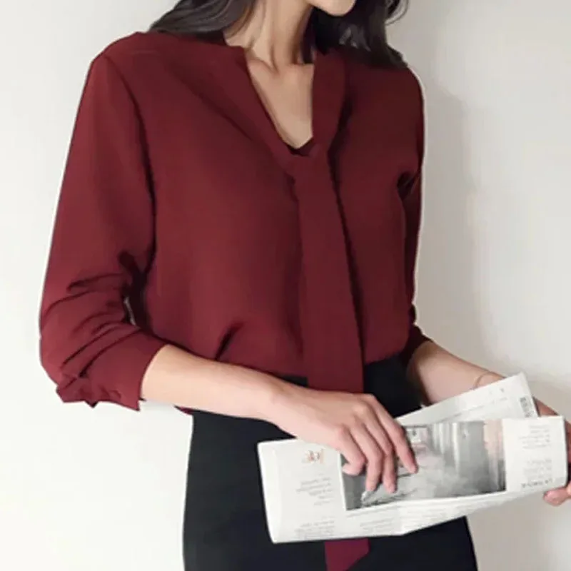 

Однотонная блузка, рубашка для женщин, осень 2024, Женская Корейская Свободная шифоновая одежда, женские рубашки с длинным рукавом и бантом, блузка 699C 30