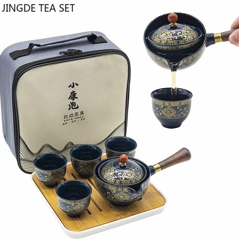 

Chinese Porcelain Tea Set Portable Ceramic Tea Pot Set with 360 Rotation Tea Infuser One Pot and Four Cups Tea Ceremony Gifts
