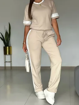 Women Summer Casual Side Stripes Contrasting Tracksuits Round Neck Short-sleeved Top And Drawstring Pants Two Piece Set