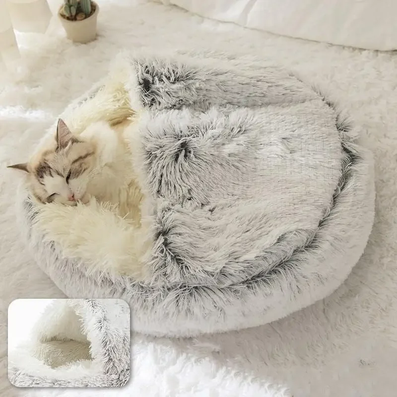 Soft Plush Pet Bed with Cover Round Cat Bed Pet Mattress Warm Cat Dog 2 in 1 Sleeping Nest Cave for Small Dogs 3