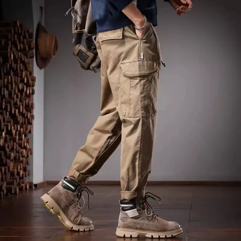 Autumn Cotton Khaki Baggy Cargo Pants Men Streetwear Casual Elastic Waist Belt Loose Straight Leg Trousers