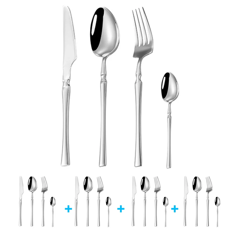 

16pcs Tableware Set High Glossy Stainless Steel Flatware Cutlery Silver Spoon Fork Knife Dinnerware Silverware
