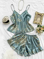 2-piece V-neck random print sexy casual shorts Pajama Set  Women's Sleepwear Loungewear