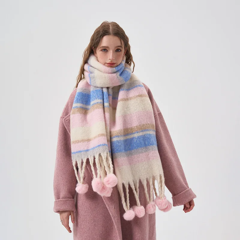 Sciarpa in cashmere con motivo a righe colorate con pallina, invernale, calda, ispessita, arcobaleno, kawaii, mohair, accessori per amanti_voghion.com