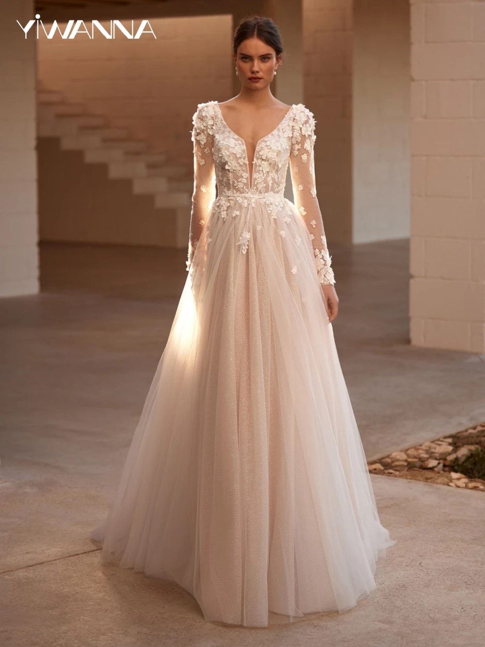 

Sexy Deep V-neck Backless Bride Robe Charming 3D Flower Wedding Dress Glitter A-line Lace Long Bridal Gown Robe De Mariée