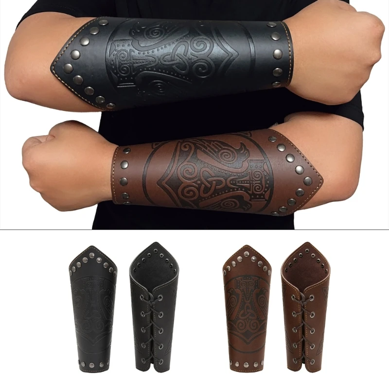 

652F Medieval Men Cosplay Pirate Bracer with Embossed Pattern Lace up Vintage Pirate Knight Gauntlet Adjustable Accessories