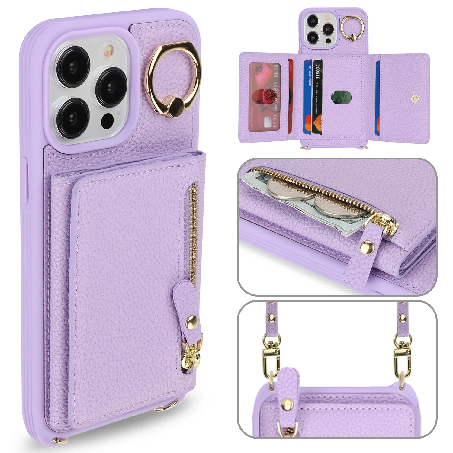 Elegant Crossbody Leather Wallet Case with Ring Holder and Zippered Card Pocket