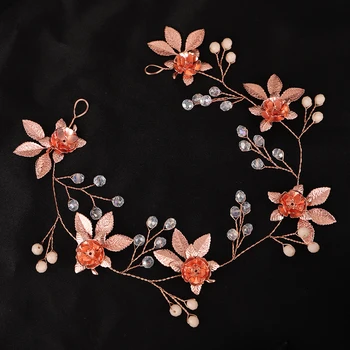 Wedding Headband Women Rose Gold Flower Leaf Bridal Hairbands Trendy Handmade Crystal Hair Accessories for Party Bride Headpiece