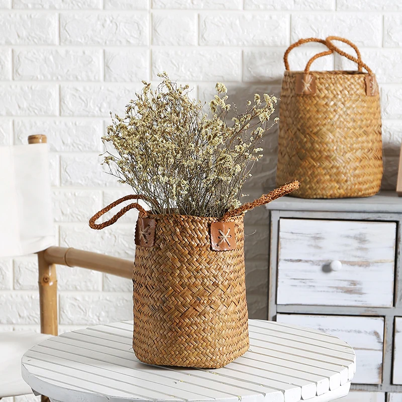 

Home Friendly Grass Weaving Dry Flower Storage Basket, Living Room Decoration, Handwoven Simulated Flower Vase, European Style