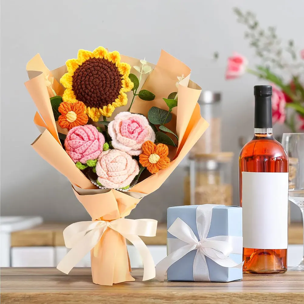 Hand Woven Roses Tulip Simulation Flower Preparation Handmade Flower Diy Wool Knitting Homemade Crochet Bouquet Finished Product