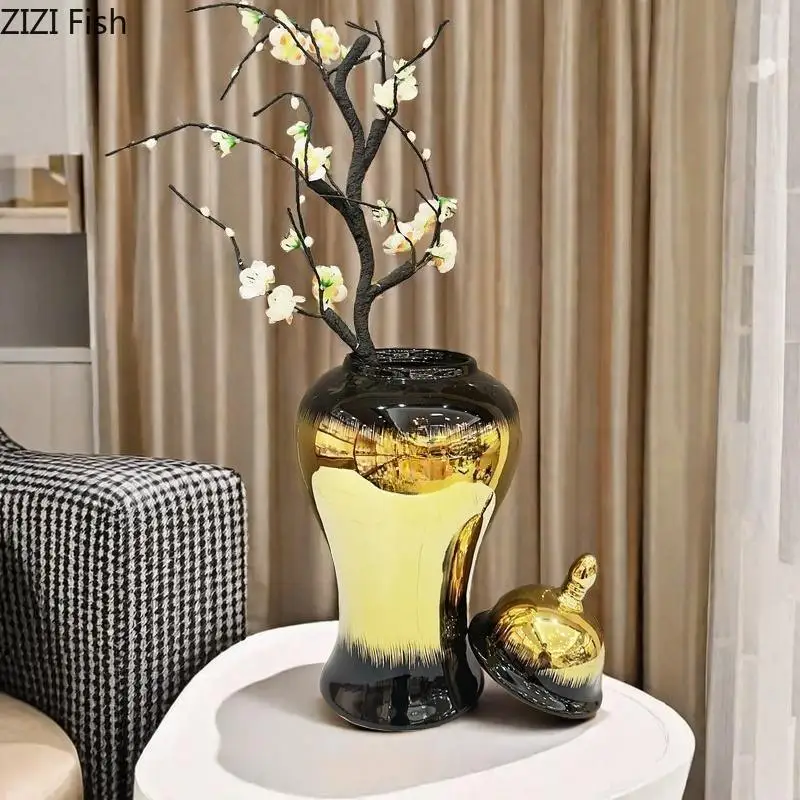 Black Gold Gradient Color General Tank Golden Porcelain Ginger Jar Creative Vases Dresser Table Jewelry Cosmetic Container 5