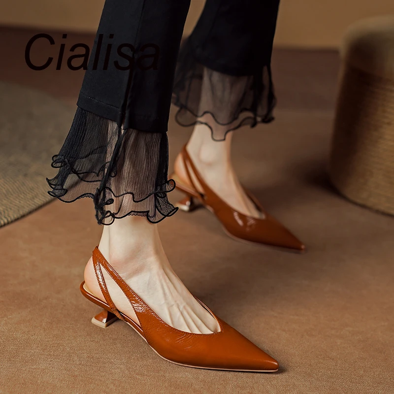 

Cialisa 2023 Summer New Genuine Leather Women Sandals Elegant Pointed Toe Shoes Ladies Handmade Dress Mid Heels Female Footwear