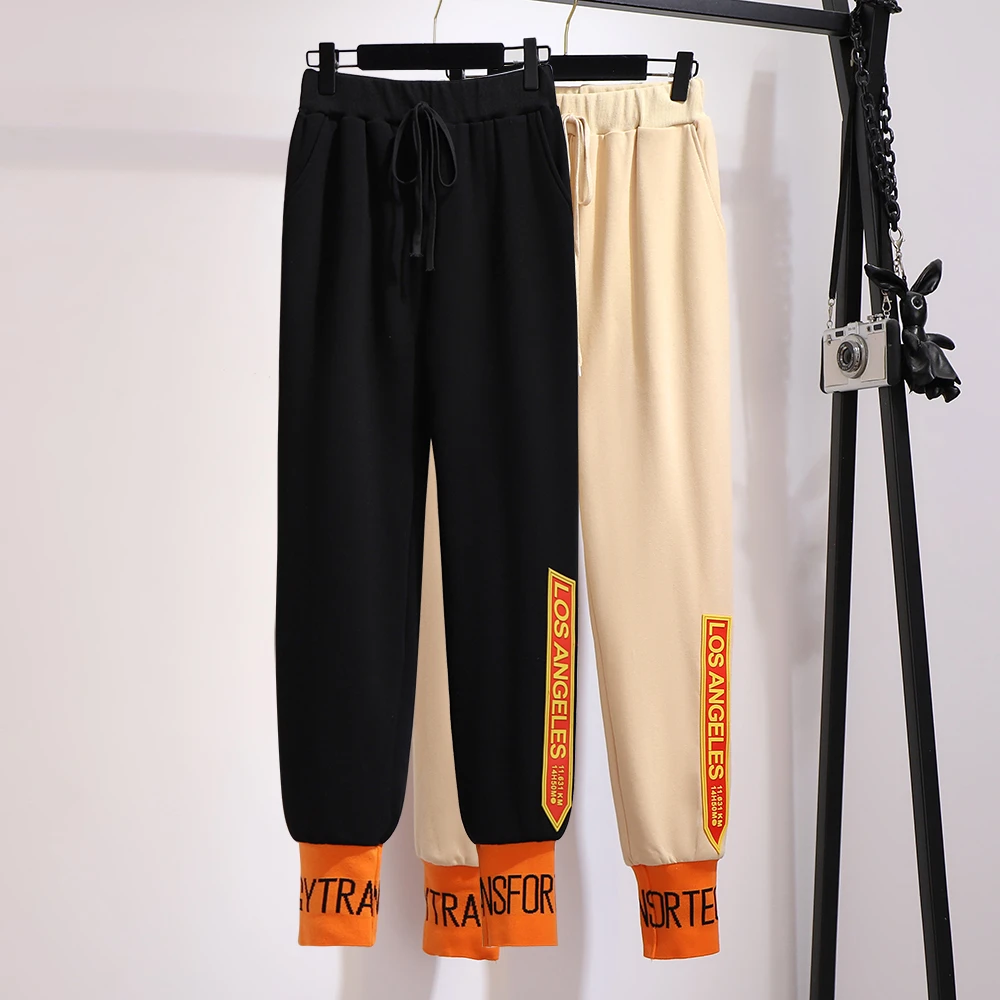 nike sweatpants 300 kg large women's clothes fat mm new spring Korean alphabet thin legged women's pants knitted casual radish pants crop pants for women