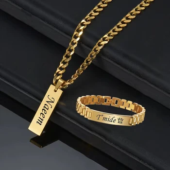 2023 Custom Engrave Name Necklace Bracelet Set Jewelry Stainless Steel Personalized Text ID Bracelet Men Women Christmas Gifts 1