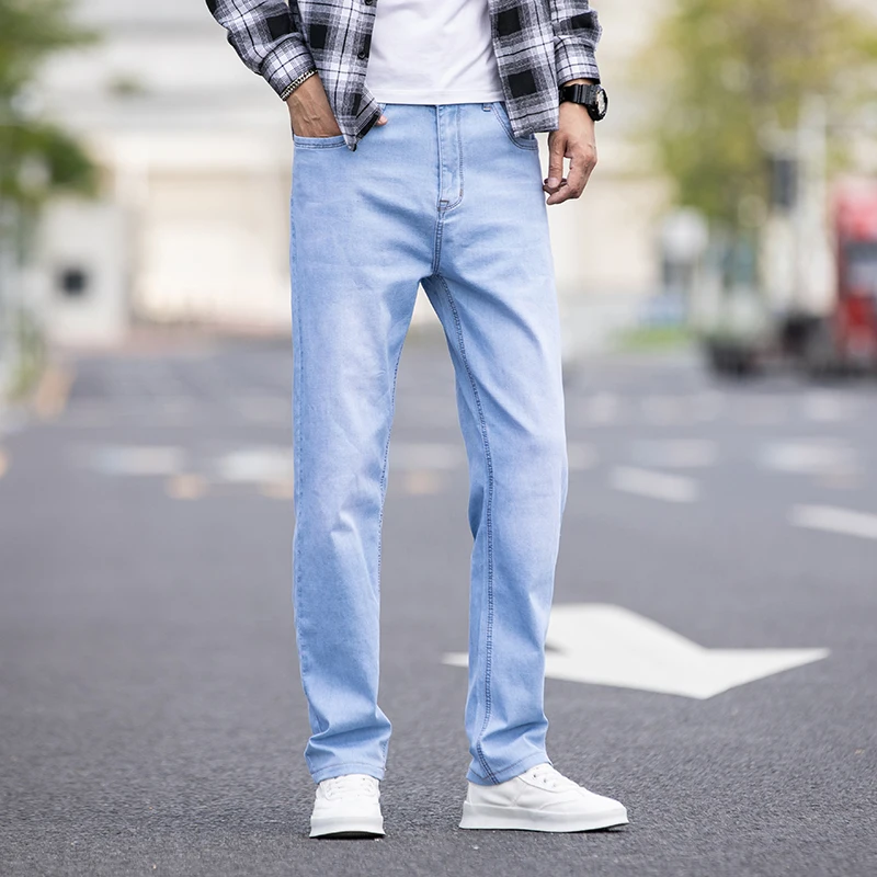 Summer Men Thin Loose Straight Jeans Classic Style Business Casual High  Stretch Denim Pants Light Blue Dark Blue Brand Trousers