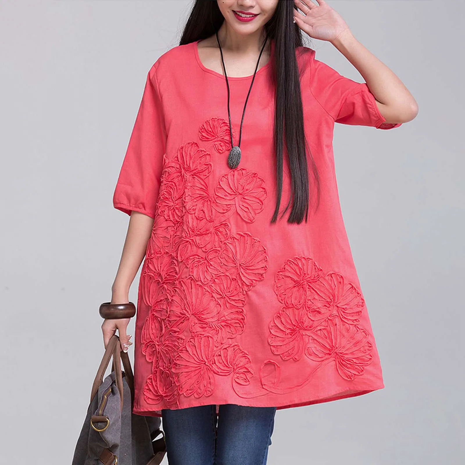

Embroidered Linen Dress For Women Casual Round Neck Short Sleeve Summer Dress With Artistic Floral Design Womens Dress Size 14