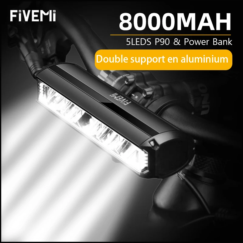 Lampe De Vélo Avant 3/5 LED - 8000mAh, Recharge USB, étanche, Pour Guidon