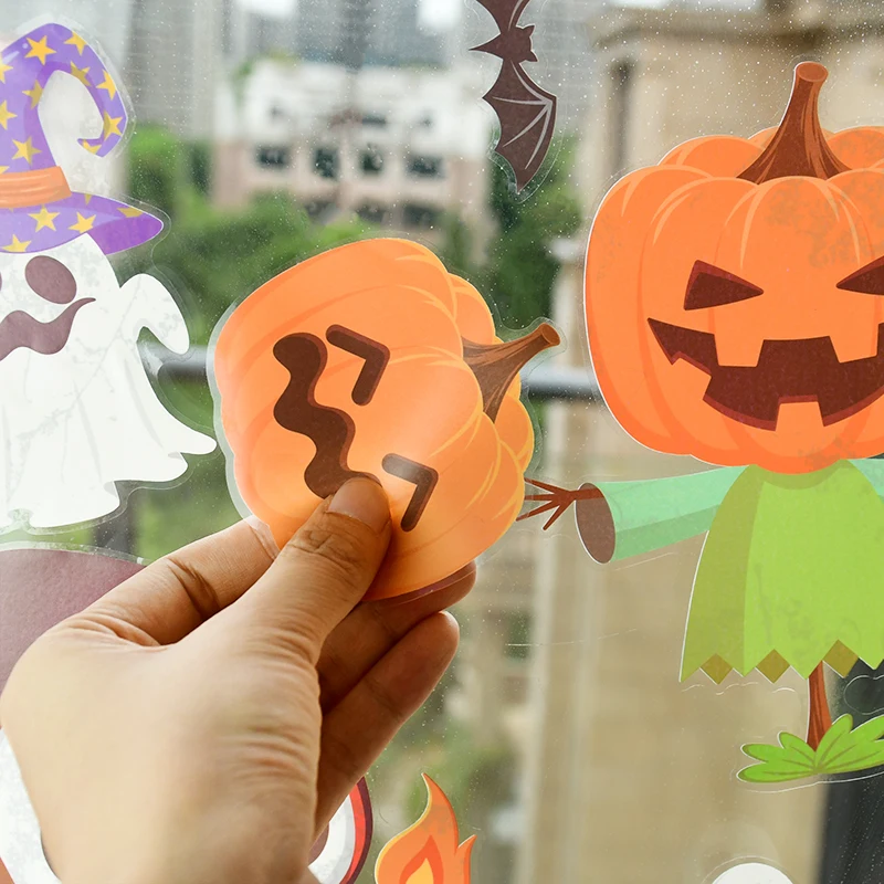 9PCS Halloween Window Stickers Ghost Pumpkin Witch Window Decor Sticker Haunted House Halloween Party Decor Bar Home Wall Decal