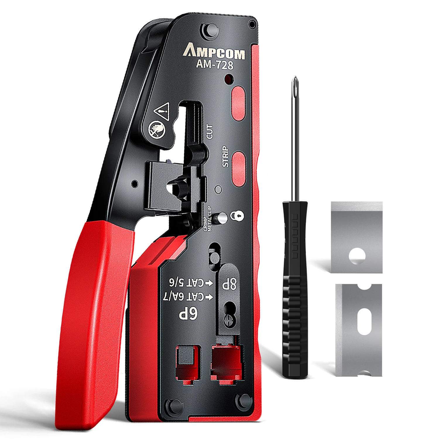 AMPCOM rj45 Crimper CAT7 Crimping Tool for Pass Through RJ11 RJ 45 Connector CAT6 CAT5E Modular Plugs With Wire Stripper Cutter