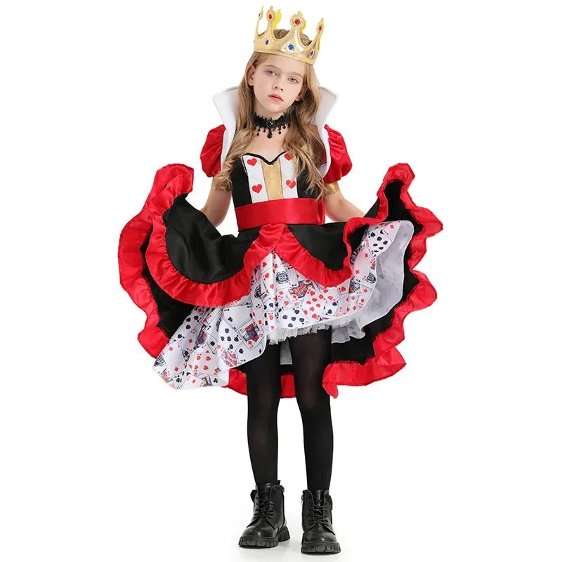 

Alice in Wonderland Peach Heart Queen Poker Printed Dresses Poker Queen Cosplay Costume for Kids Girls Halloween Carnival Party