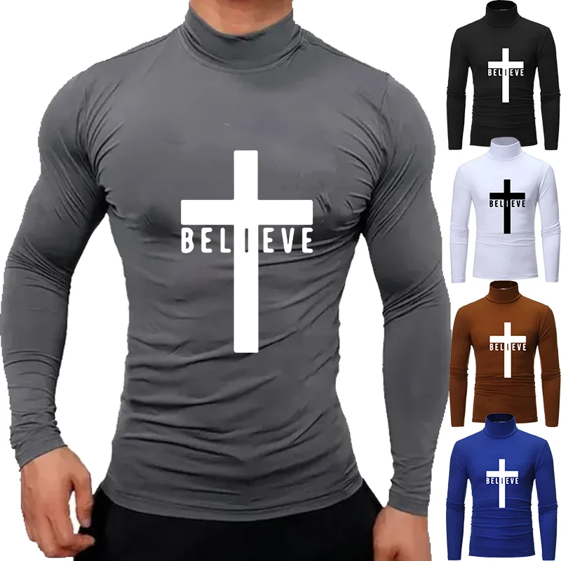 

Fashion Printed Thermal Underwear Tops Men's Casual Slim Turtleneck Bottom Shirt Long Sleeve Basic Pullover Mock Neck Undershirt