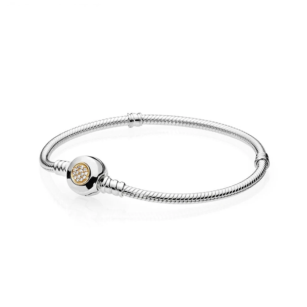 

925 Sterling Silver Moments Two Tone Signature Logo Clasp Fashion Snake Chain Bracelet Fit Women Bead Charm Gift DIY Jewelry