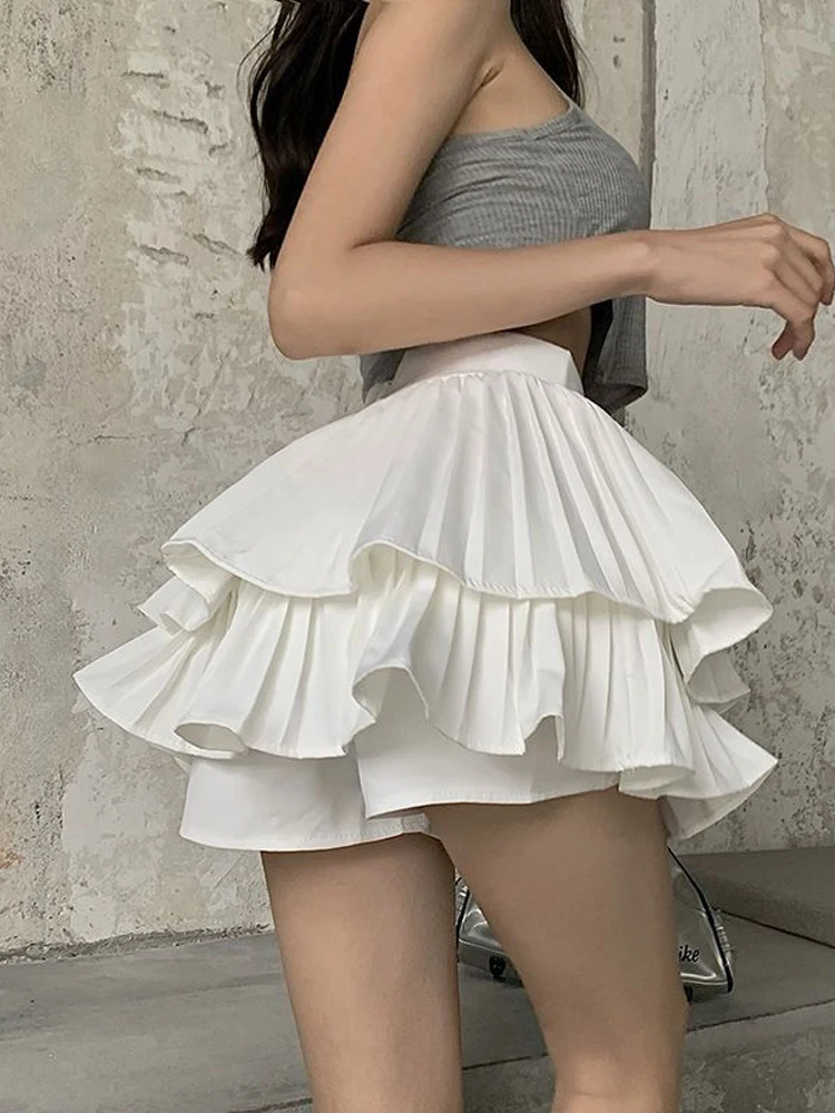 

Zoki Sexy Ruffles Women High Waist Pleated Skirt Summer Korean High Waist A Line Cake Skirt Fashion Preppy Style Lady Mini Skirt