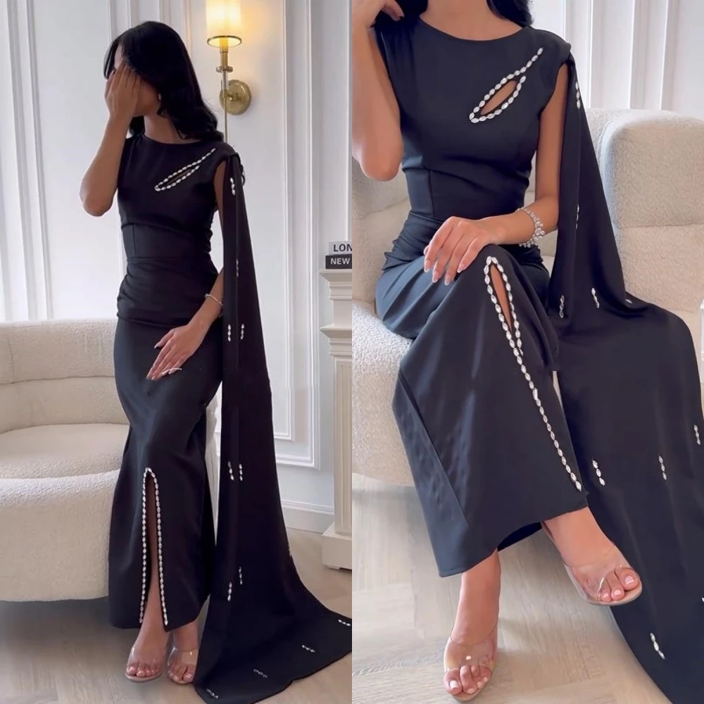 Prom Dress Saudi Arabia Satin Beading Draped Christmas Sheath O-Neck Bespoke Occasion Gown Long Sleeve Dresses prom dress saudi arabia satin beading pleat formal evening sheath v neck bespoke occasion gown long sleeve dresses