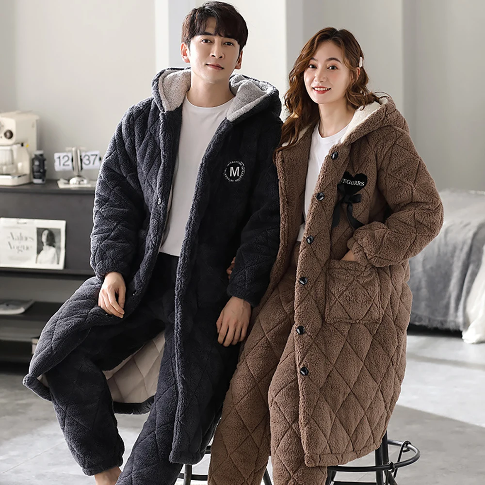3-Layer Super Thicken Coral Fleece Warm Plush Robe Set Couple Winter Hooded Sleepwear Sweet Style Bathrobe Men Night Dress Women