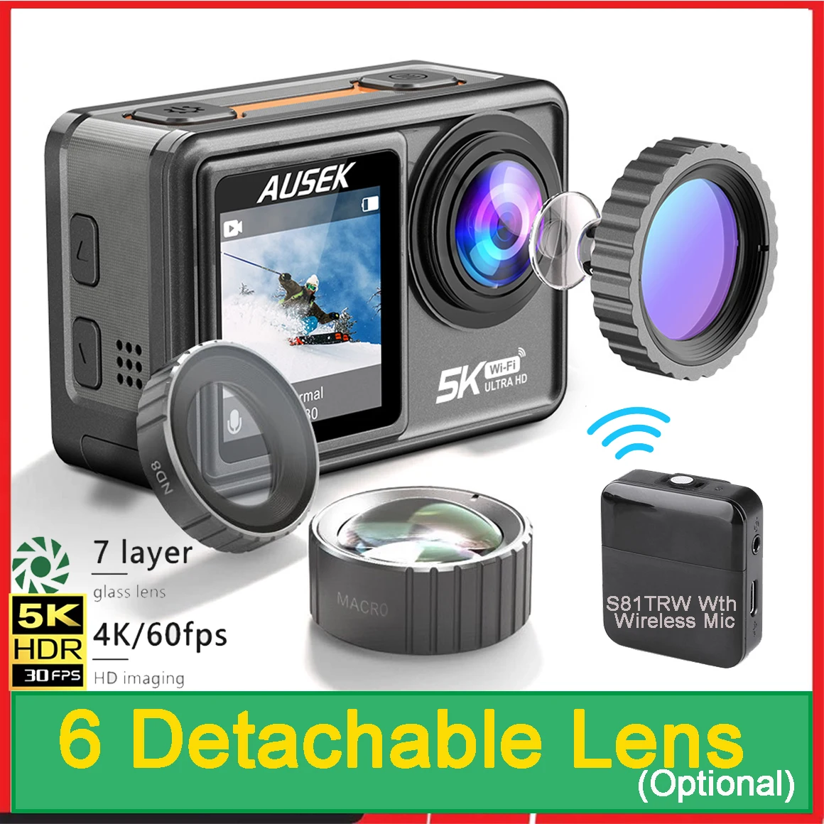 Action Camera AUSEK S81TRW Action Camera 5K 4K60FPS 48MP DVR EIS Optional Filters 5X Zoom 1080P Webcam Vlog Wi-Fi Sports Cam Remote