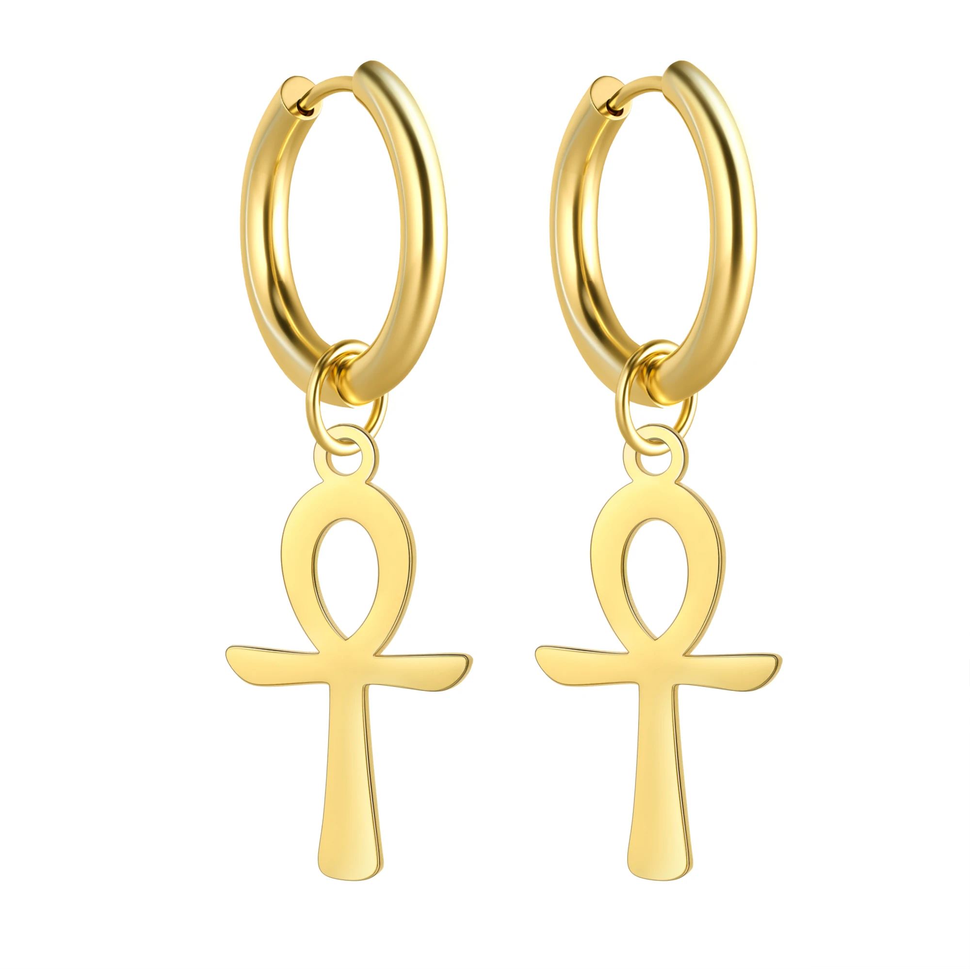 2 Paia Orecchini Pendenti A Croce Ankh Egiziana Vintage - Stile Punk Rock In Oro E Argento