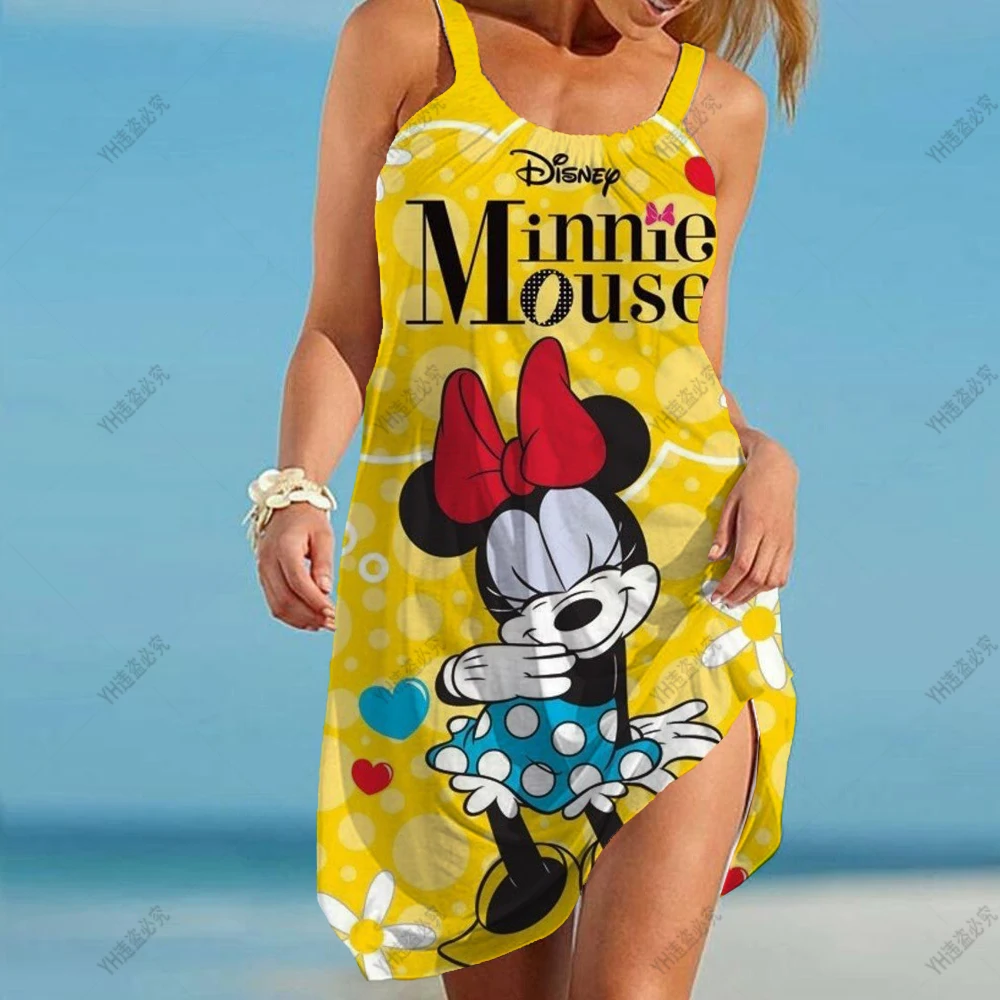 

New Plus Size Dresses Europe and America Disney Ladies New Cartoon Mickey Mouse Minnie Sling Dress Casual Beach Dress Sun Dress