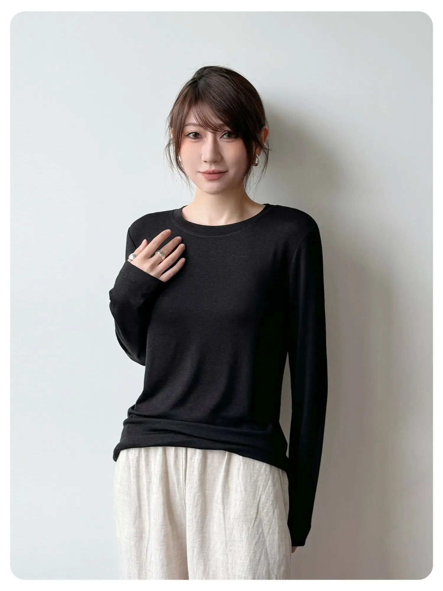 Women's Acetate Soft Long Sleeve T-shirt Spring Autumn Round Neck Thin Basic High Elasticity Tops
