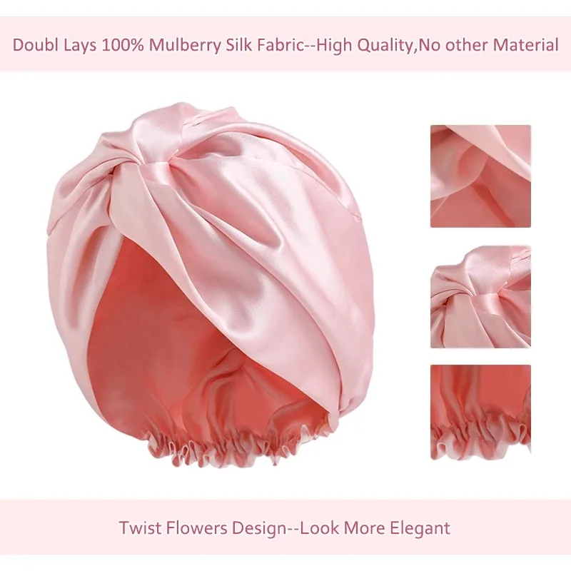 이중 레이어 100% 뽕나무 실크 6A 트위스트 슬리핑 보닛 천연 실크 터번 탄력 있는 리본 여성 헤어 케어 19모미