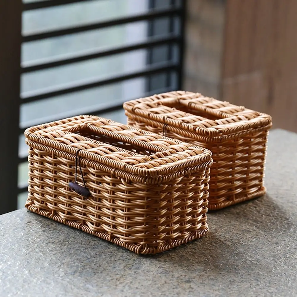 

Plastic Imitation Rattan Tissue Box Simple Retro Style Handmade Napkin Holder Rectangular Carton Container Living Room