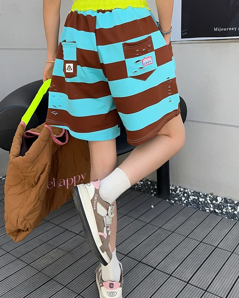 2024 Summer Thin Striped Ripped Shorts Women Loose Leisure Sports Fifth Pants American Style Trendy High Waist Middle Pants