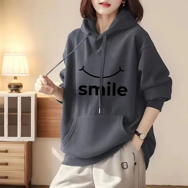 Autumn Winter Loose Casual Printed Cotton Hoodies Female Oversized Fashion All-match Pocket Top Women Drawstring Hooded Pullover
