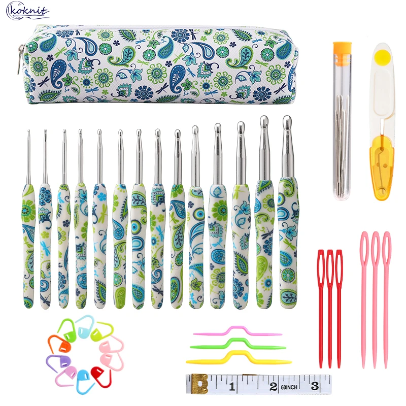 

KOKNIT 14PCS Aluminum Crochet Needles with Bag Cashew Flower Crochet Hoooks Kit TPR Ergonomic Knitting Set Sewing Accessories