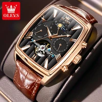 OLEVS 6675 Mens Watch Flywheel Multifunctional Chronograph Mechanical Watch Leather Strap Square Watches For Man High Quality